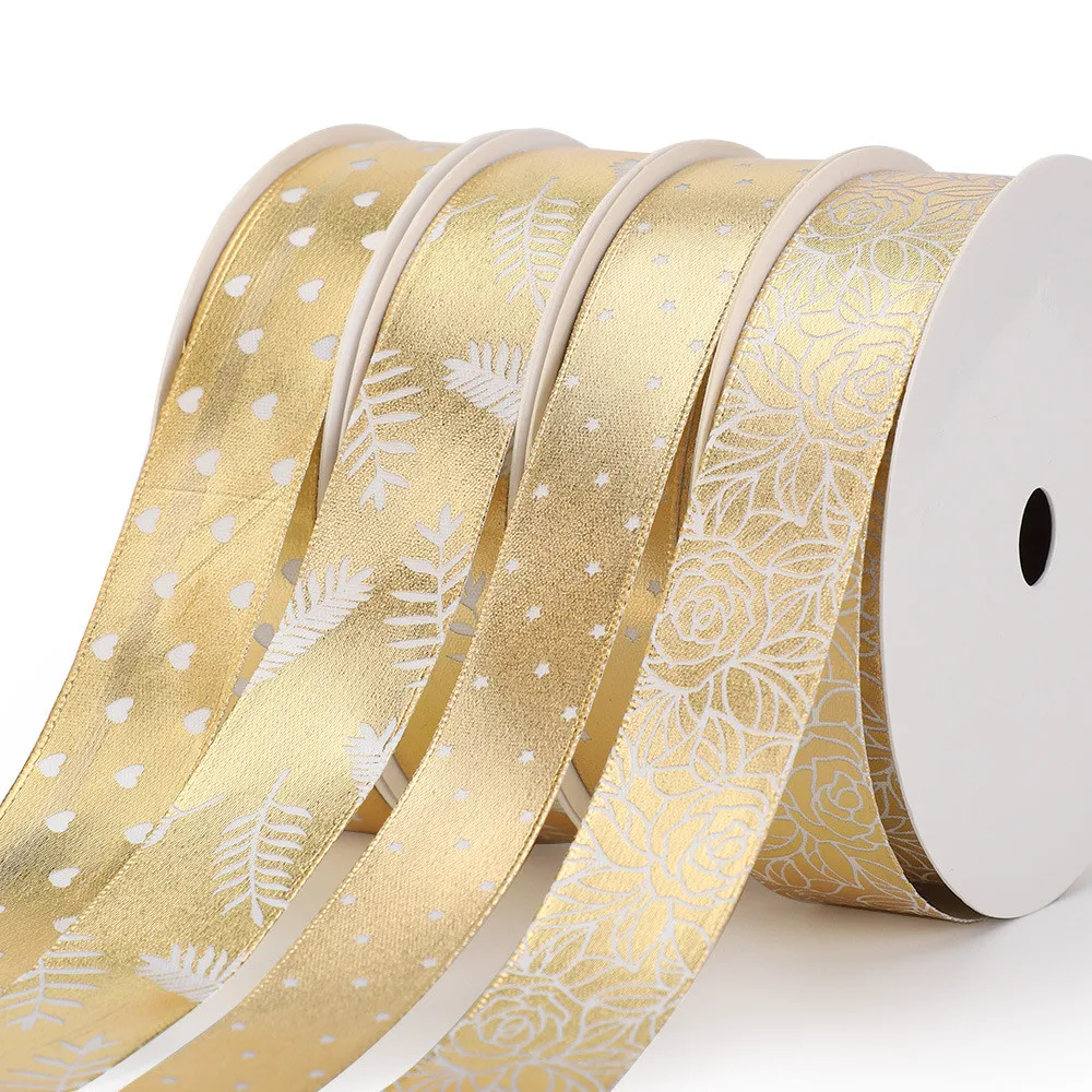 

5Yards Gold Silver Leaf Flower Printed Satin Ribbon for DIY Headwear Wedding Party Festive Event Decoration Gift Bouquet Wrap