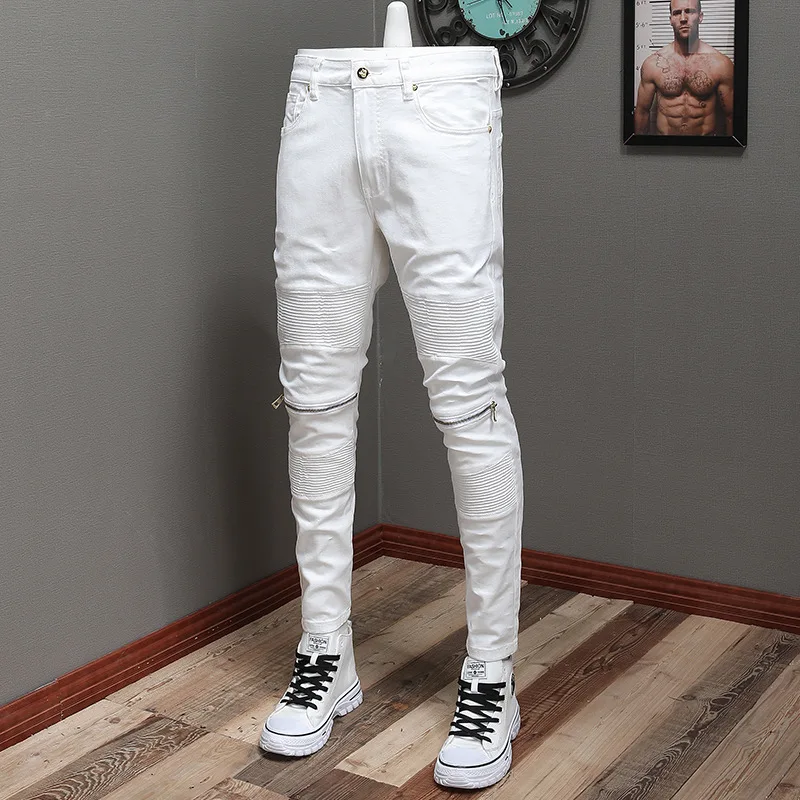 Tide Brand High Street Personality Stitching Youth White Motorcycle Riding Pants Jeans Zipper Style Trendy Men'S Trousers