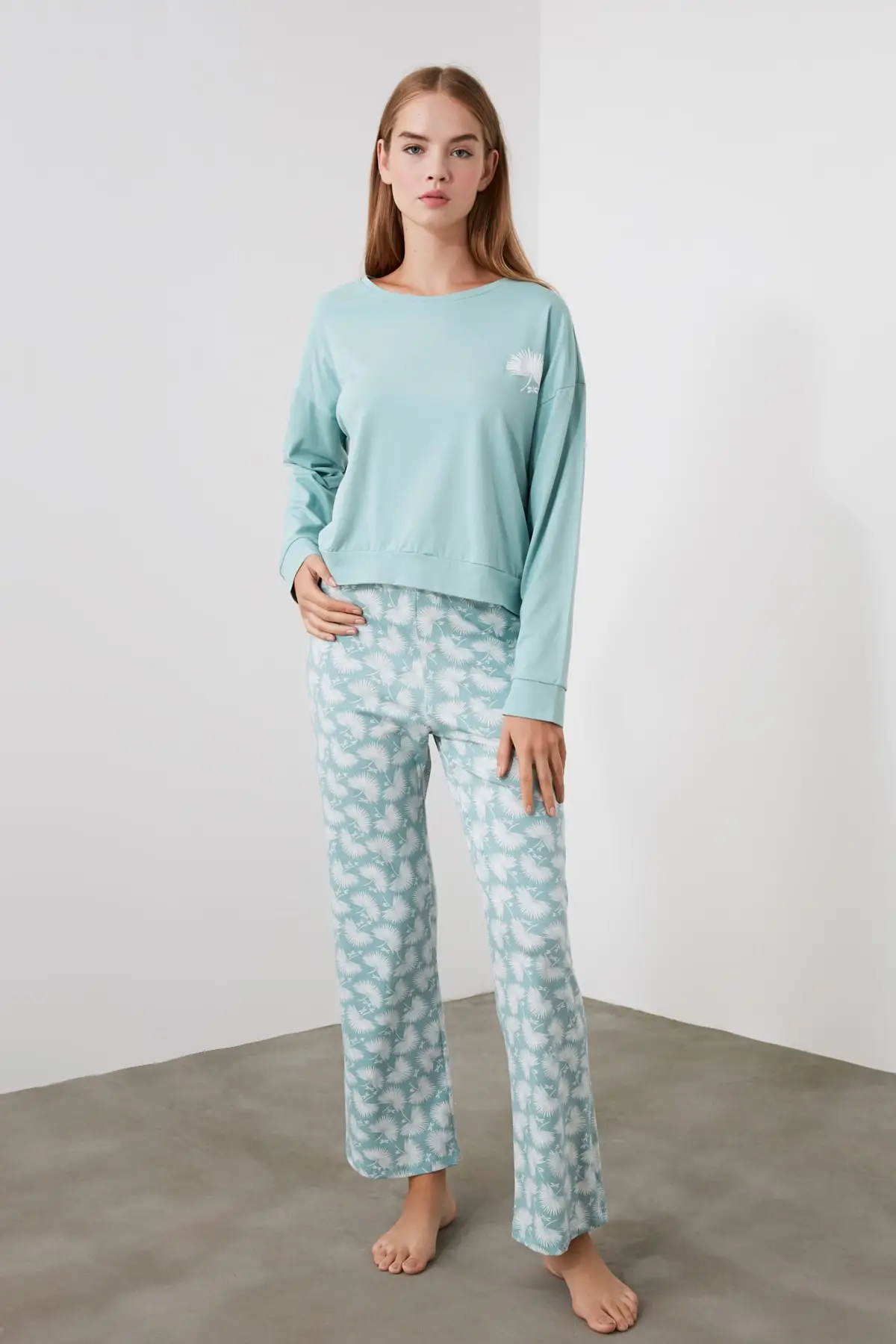 

Mint Printed Knitted Pajama set