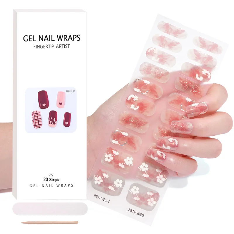 

20 Tips Fashion Gel Nail Wraps UV Lamp Need Semi Cured Gel Nail Stickers Light/Solid DIY Self Adhesive Nail Decal Manicure Decor