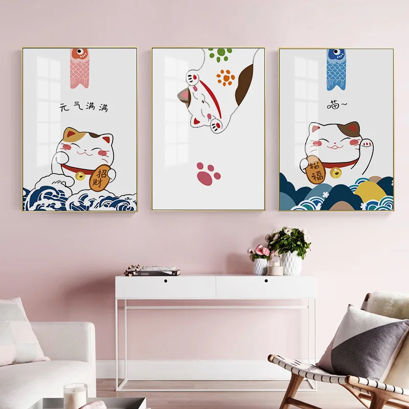 

Simple Cartoon Line Japanese Auspicious Cat Lucky Children's Room Decoration Painting Frameless Canvas Core Inkjet