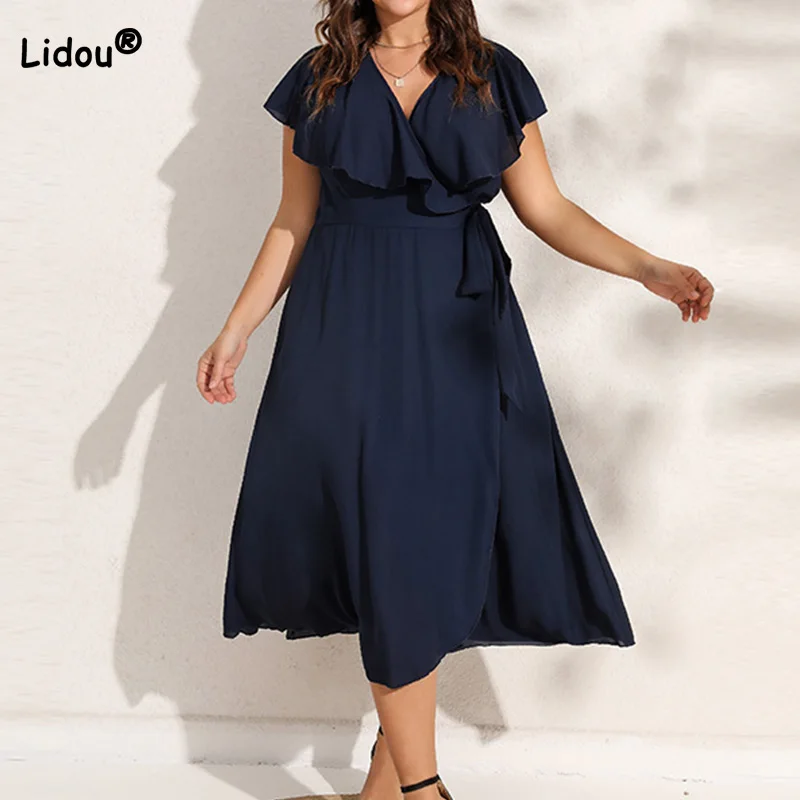 Summer Women's Clothing Evening Party Sexy V-Neck Solid Color Patchwork Ruffles 3/4 Sleeve Folds Plus Size A-line Mid-Calf Dress