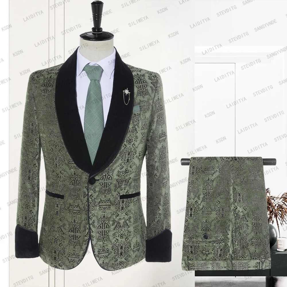 

Мужской деловой облегающий смокинг, зеленый классический черный бархатный костюм для жениха с принтом и лацканами, высококачественный пиджак и брюки, комплект из 2 предметов, 2023