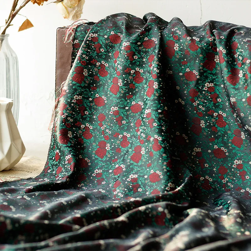 

Retro Dark Rose Flower Yarn Dyed Jacquard Fabric Soft Drape Ancient Luggage Shoes Clothing Fabrics 50cmx160cm