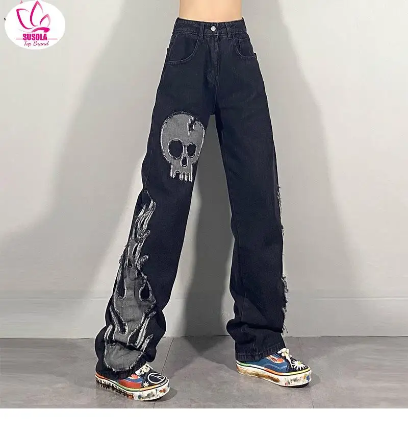 

Dark Streetwear Wash Jeans Women's Spring 2022 New High Waist Trendy Straight Tube Wide Leg Skeleton Denim Pants