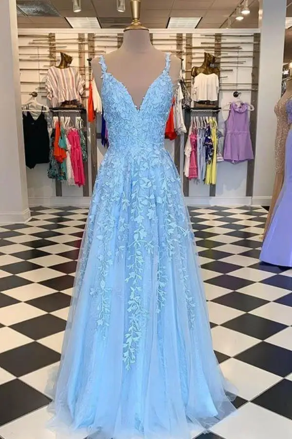 

Deep Sweetheart Spaghetti Straps A-Line Sky Blue Lace Prom Dresses Lace-up Back Long Evening Dress