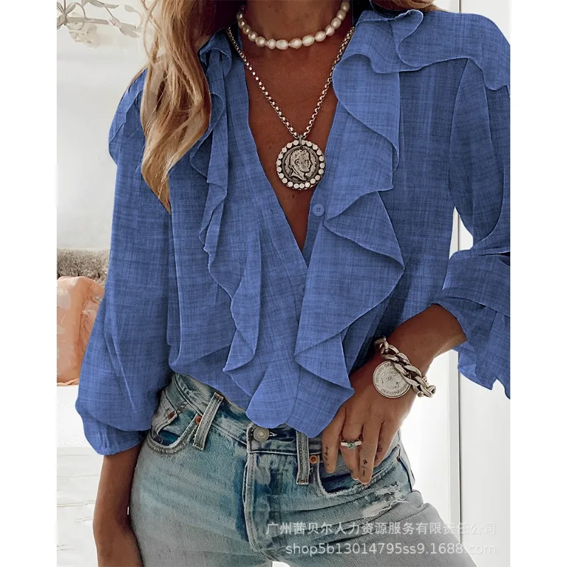 

Wepbel Deep V Blouses Solid Color Casual Loose Button Design White Long Sleeve Ruffle Top Women Summer Sexy Ruffle Top Blouses