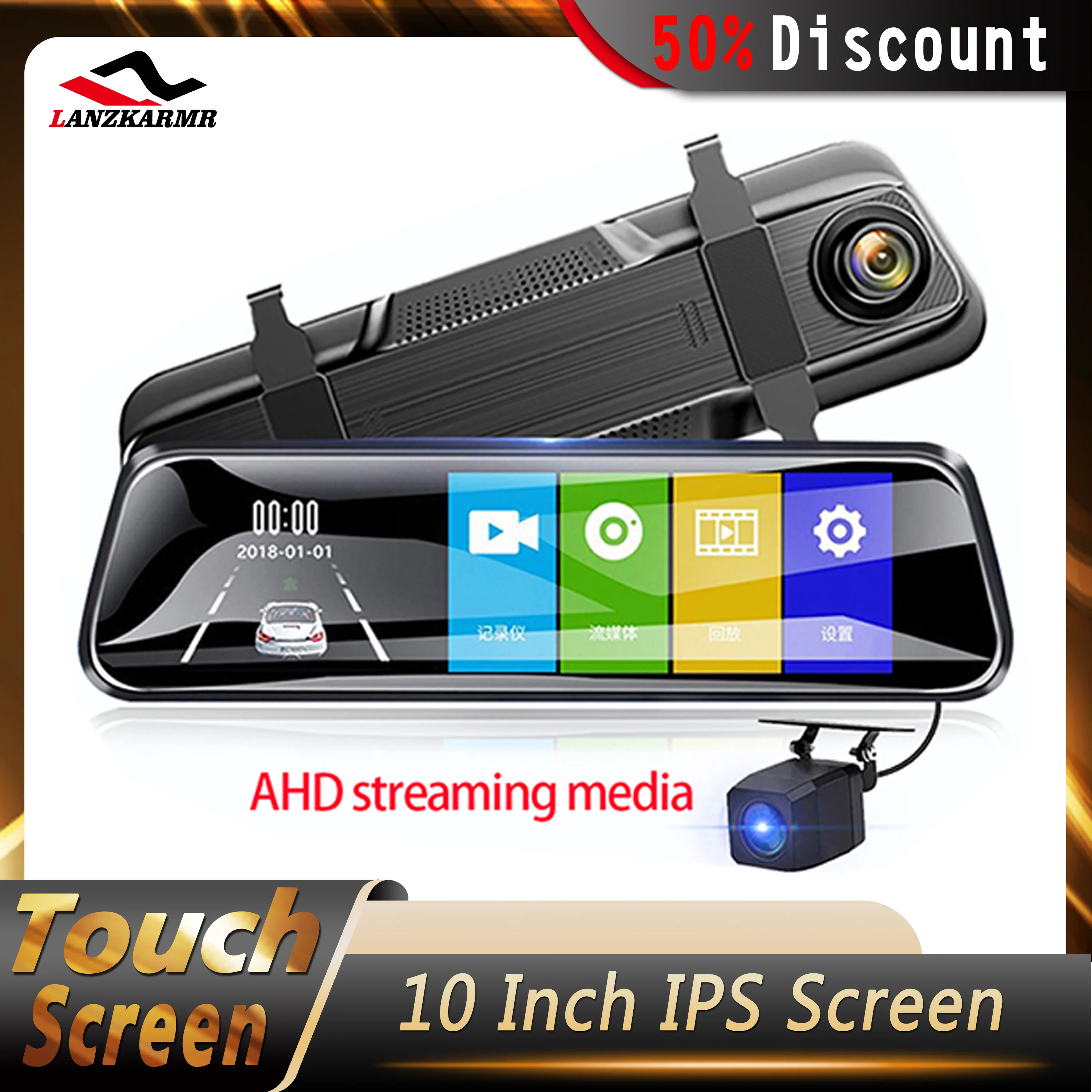 

10 Inch IPS 2.5D Curved Touch Screen Stream Mirror RearView Camera Night Vision Video Recorder Auto Registrar Dashcam