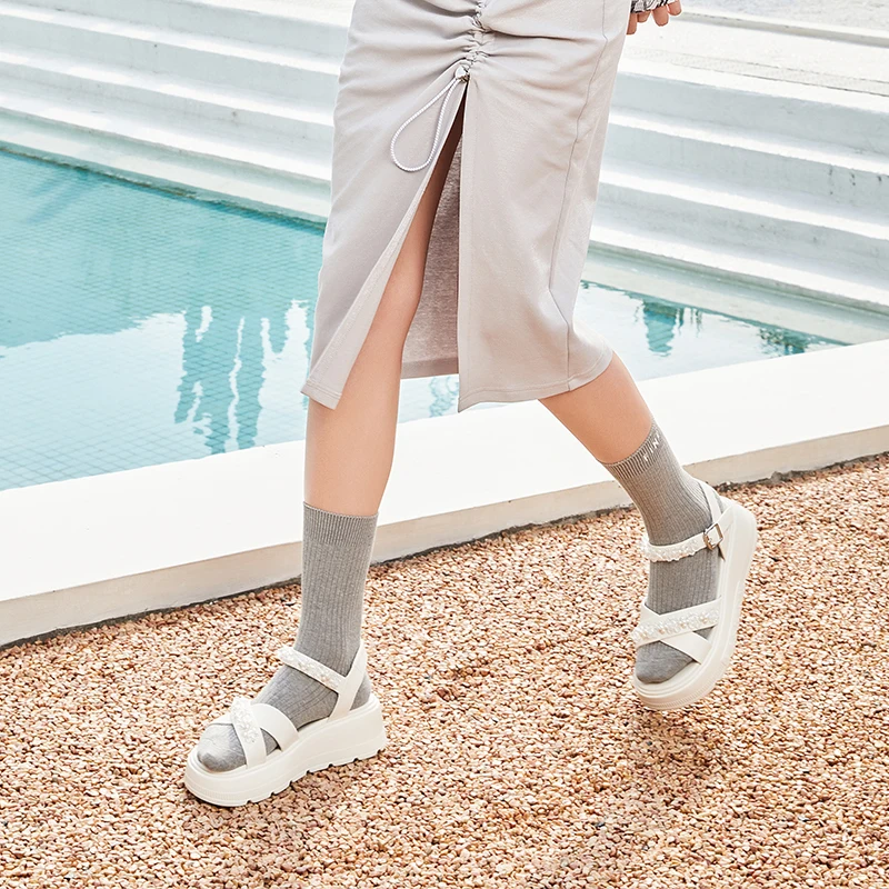 

KANGNAI Chunky Sandals Women Cow Leather Platform Flats String Bead Ankle Strap Round Toe Summer Female Shoes