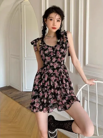 Women Dress Floral Print Suspenders Summer sexy Club Party 2022 Y2k A Line Mini Fashion Aesthetic Sleeveless Evening Clothing