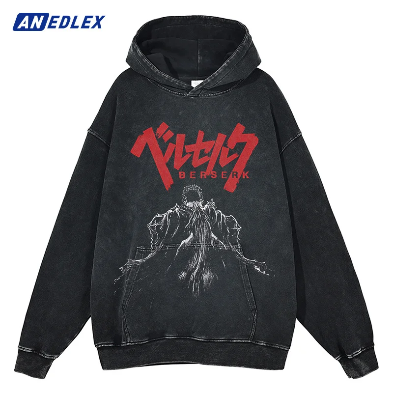 

ip op Men Sweatsirt oodie Streetwear Anime rapic Print Wased Pullover Autumn arajuku Cotton ooded Sweatsirt Black