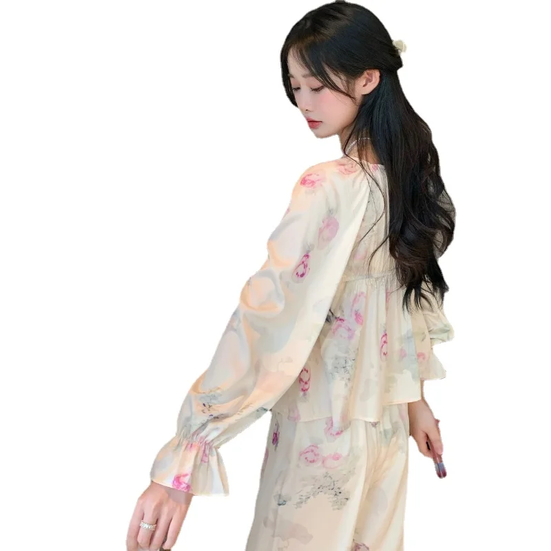 2023 Pajamas for Women Spring and Summer V-neck Long-sleeved Flower Fairy Sweet Lace Home Service Suit Casual and Soft Nightwear