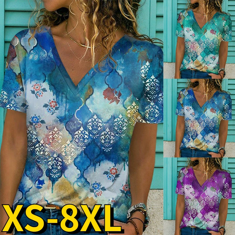 

Женская футболка с принтом, повседневный облегающий пуловер с коротким рукавом и V-образным вырезом, лето 2023