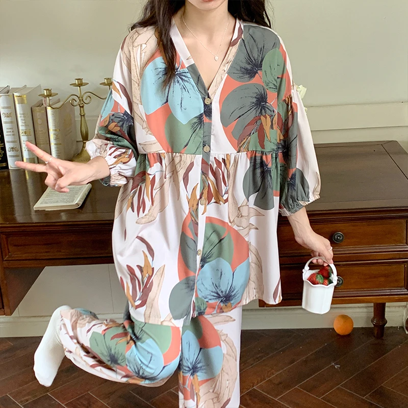 CAIYIER 2022 Women Cotton Gauze Pajamas Set Korean V-Neck Long Sleepwear Autumn Winter Soft Nightwear Sweet Kawaii Loungewear