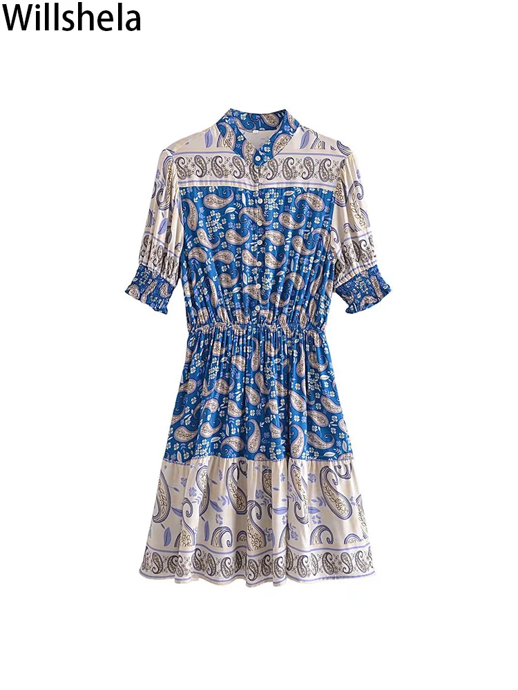 

Willshela женское модное Плиссированное однобортное мини-платье с принтом, винтажные женские платья с короткими рукавами и круглым вырезом