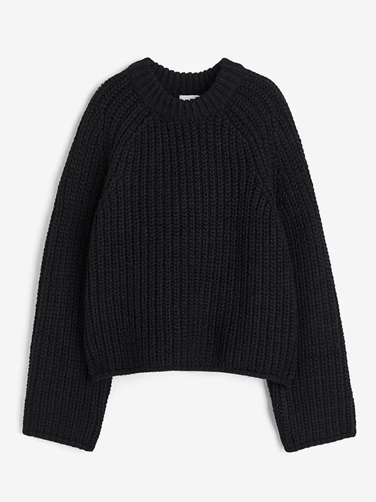 Однотонный свободный женский свитер с круглым вырезом повседневный вязаный