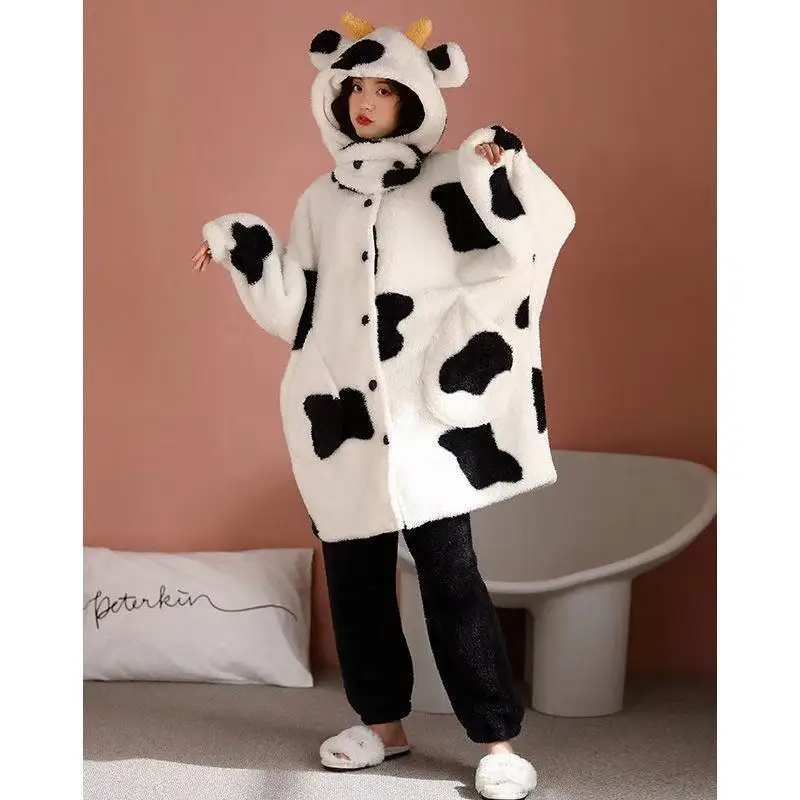 Women Winter Robes Home Clothes Flannel Sleepwear Girls Animal Fleece Pajamas Female Cartoon Cow Thick Hooded Nightgown Kawaii