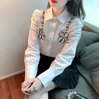 shirt womens korean fashion 2022 pearl flower polo collar wearing long sleeved white shirt camisa de mujer ladies tops shirt