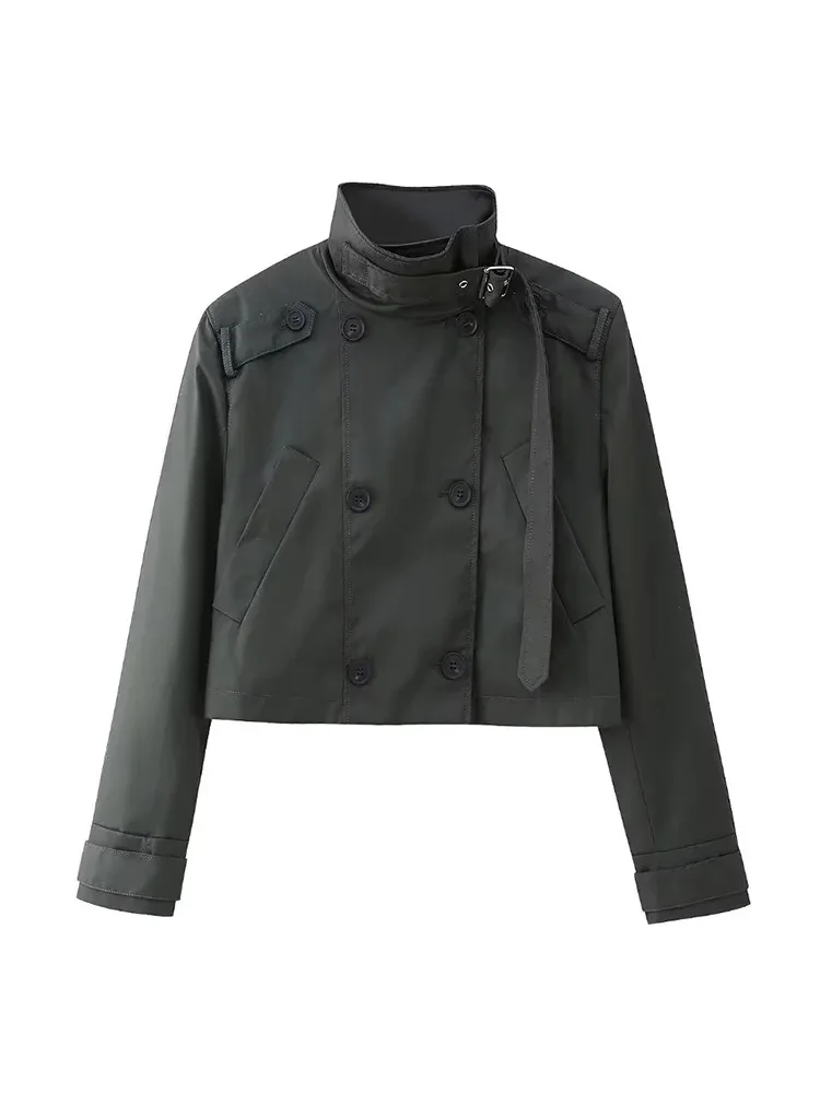 

Женский винтажный укороченный Тренч HH TRAF, осенняя модная верхняя одежда с воротником-стойкой, повседневное двубортное пальто с длинным рукавом