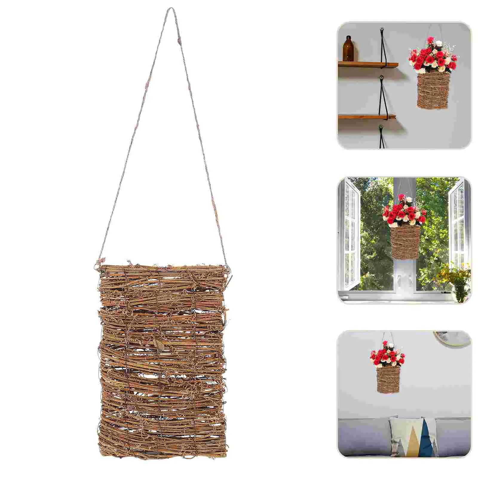 

Hanging Flower Basket Flat Rattan Woven Hanging Basket Flower Pot Farmhouse Bracketplant Garden Decoration ( Wood Color )