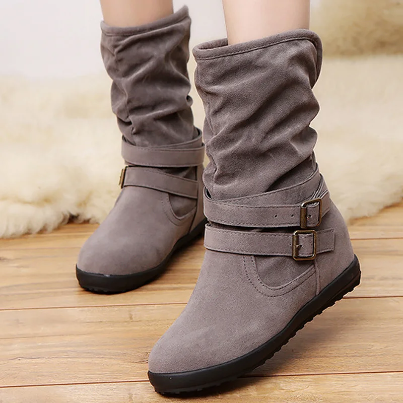 

Fashion Double Buckle Mid Calf Boots Slip on Ladies Platform Flock Sewing Pleated Shoe Female Fashion Casual Footwear Plus Size