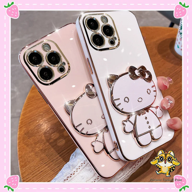 Чехол для телефона Sanrio с покрытием Hello Kitty кавайный мультяшный зеркальный чехол-подставка для iPhone 14 Pro Max Plus 13 12 11 стоячий держатель