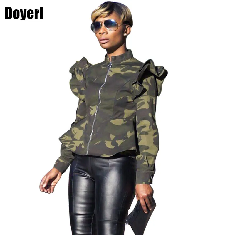 

Fashion Army Green Camouflage Bomber Jacket Women Streetwear Long Sleeve Ruched Zipper Slim Short Coats And Jackets Outerwear