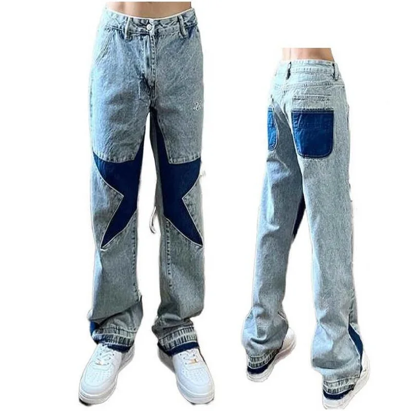 High Street Washed Distressed Jeans Men's American Hip-Hop Pentagram Stitching Loose Straight Hiphop Trousers