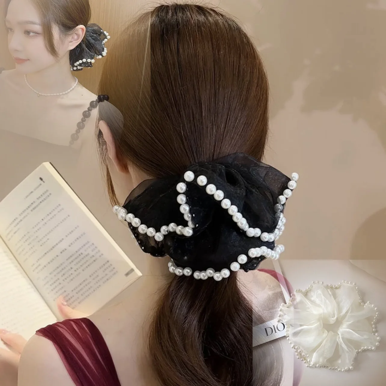 

Korean High-End Sense Large Intestine Hair Ring Pearl Hepburn Style Celebrity Temperament Hair Ring 2023 New Hair Tie Head Rope