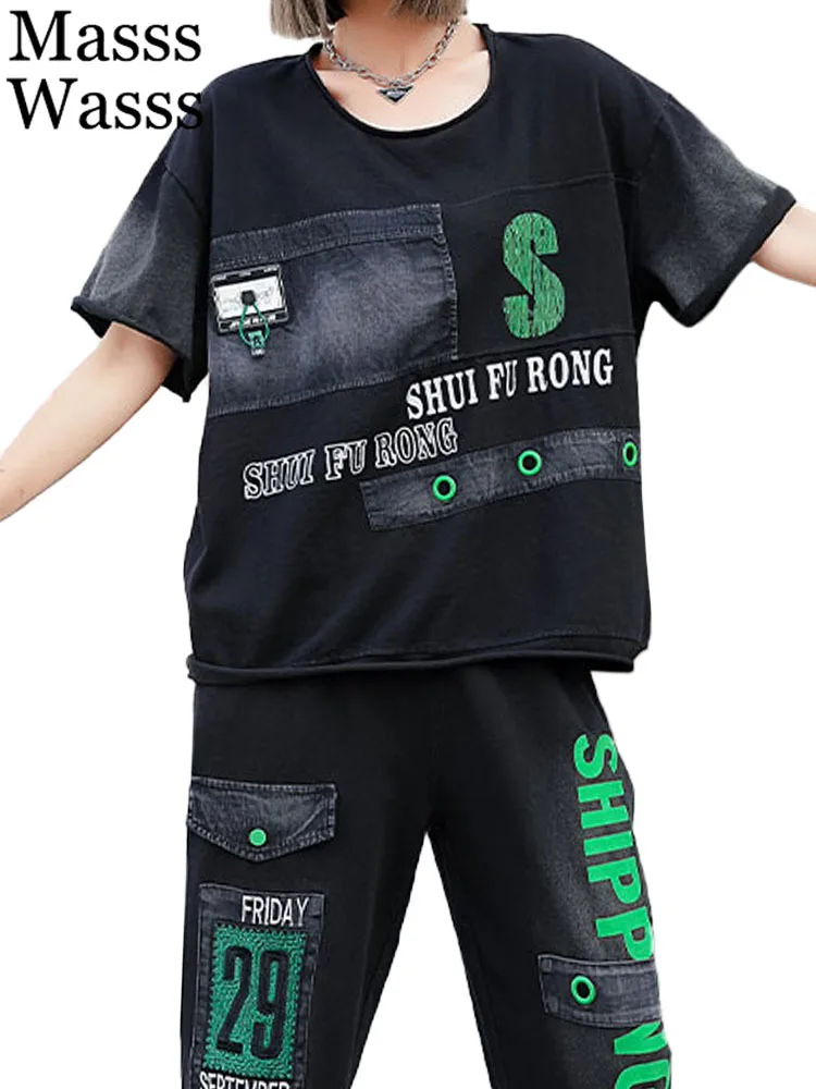 

Masss Wasss 2023 Summer Suits Fashion Two Pieces Sets Womens Luxury Vintage Casual Outfits Classic Loose Tops Elastic Punk Pants