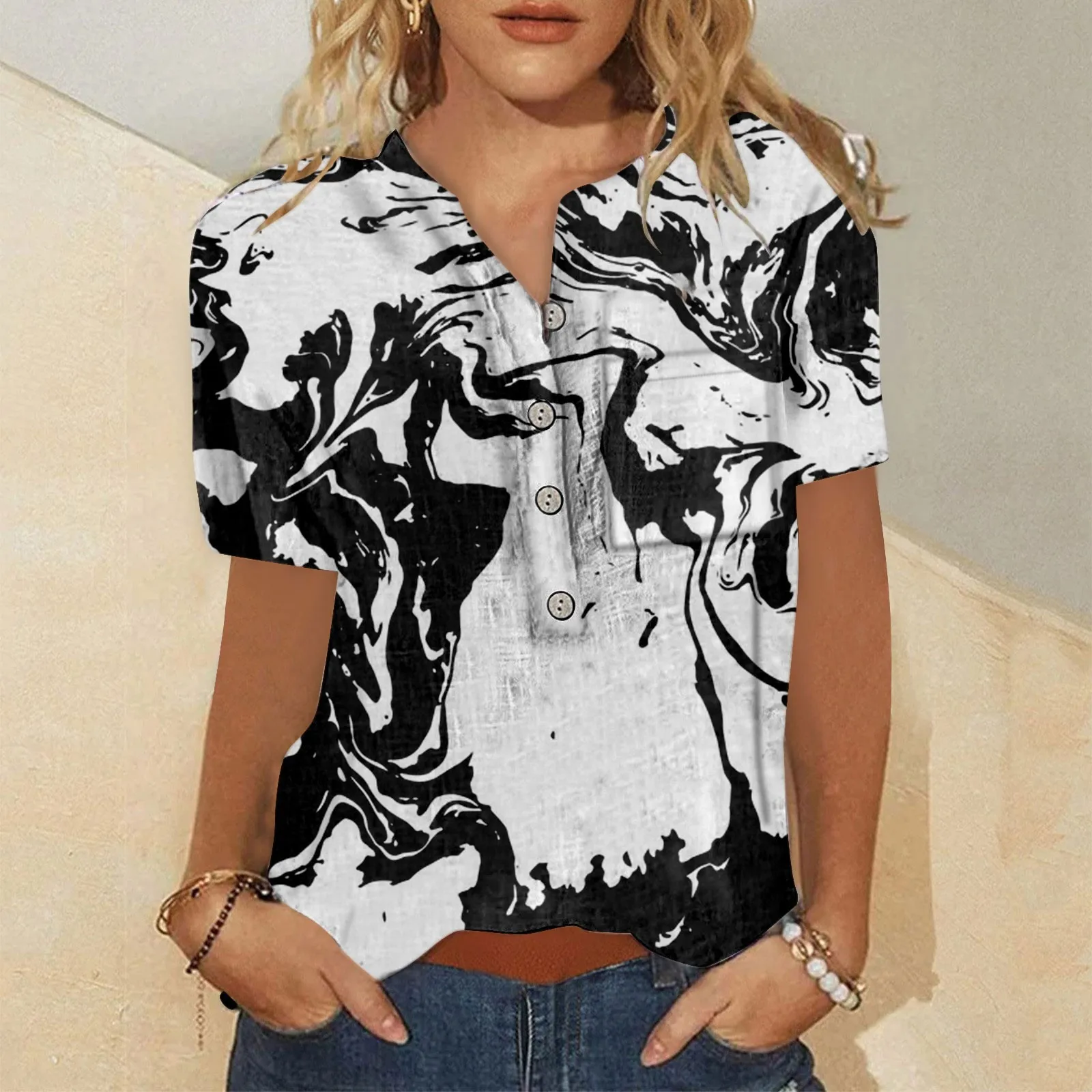 

Round Neck Short Printed Sleeve Top Abstract Pattern Loose Linen T Shirt Fashion Casual Shirt For Lady Women In Summer S-4xl