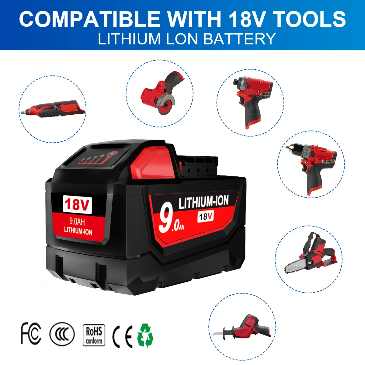 

Литий-ионный сменный аккумулятор Bonacell 18 в 9000 мАч M18 XC для Milwaukee 48-11-1815 M18B2 M18B4 M18BX L50