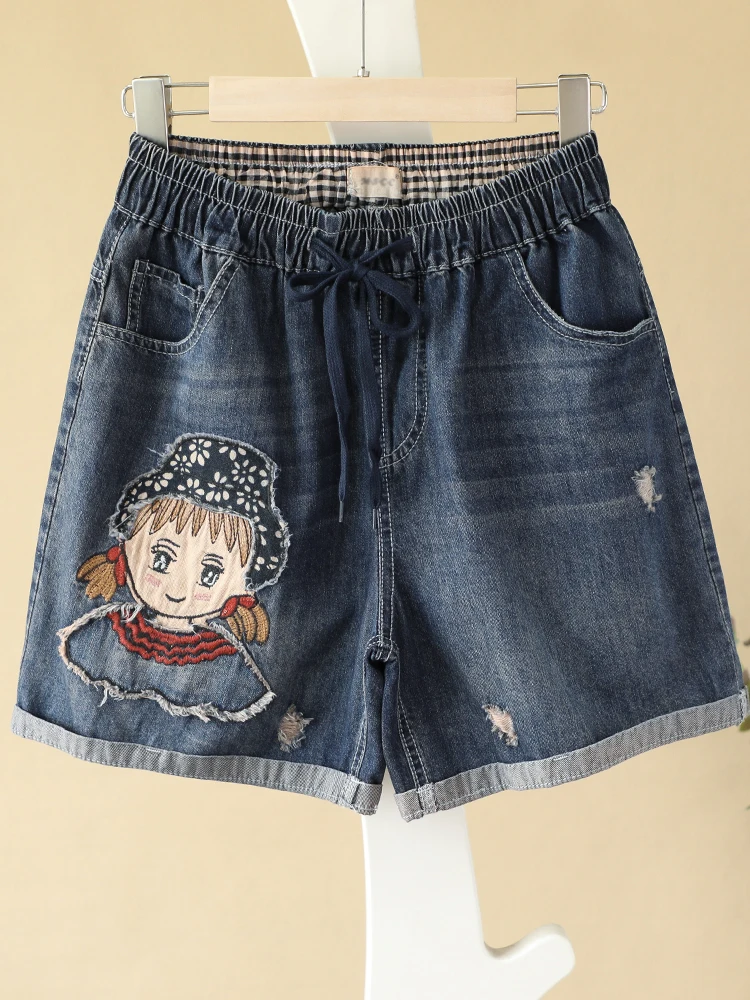 Summer Cartoon Patch Embroidered Denim Shorts Women's Clothes Loose Oversize Ripped Wide-Legged Hot Pants Thin Short-Length Pant
