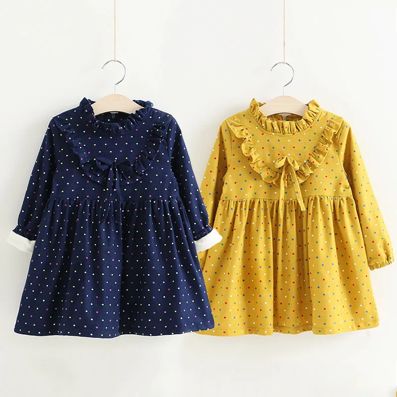 

2021 Winter 2 34 6 8 10 Years Kids Crew-Neck Glitter Long Sleeve Dot Bow Thickening Plus Velvet Warm For Baby Girls Winter Dress