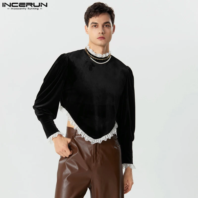 

Fashion Court Style Tops INCERUN Handsome New Men Laces Patchwork T-shirts Casual Male Bubble Sleeve Long Sleeved Camiseta S-5XL