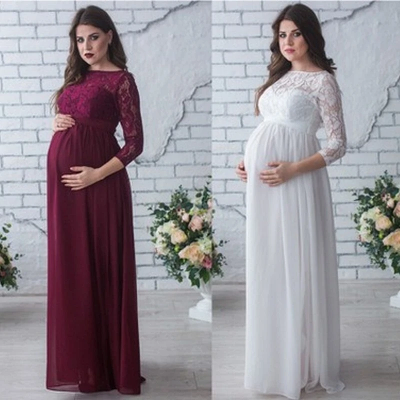 

European and American Sexy Lace Splicing Chiffon Floor Length Maternity Dress Wine Red White Nine Point Sleeve Sleeveless Dress