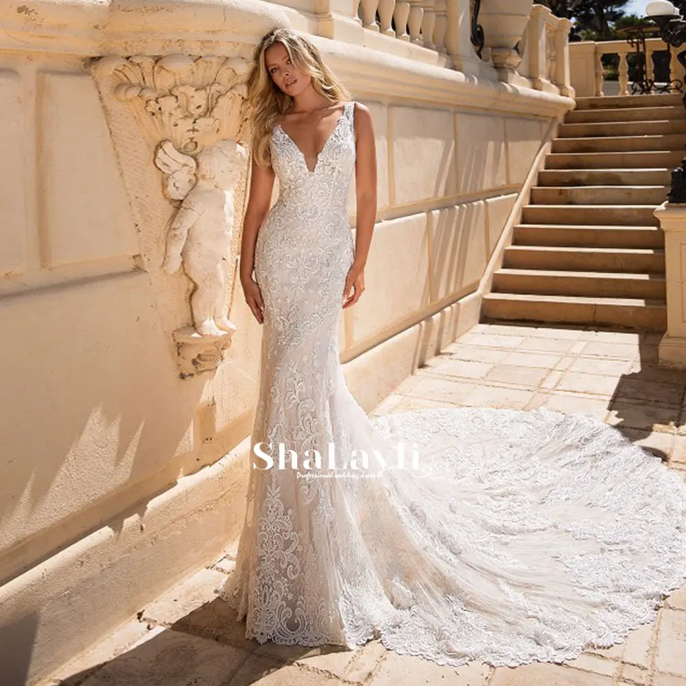 

Роскошное Свадебное платье, элегантное многослойное белое кружевное платье с V-образным вырезом, бусинами и кристаллами в виде листьев лото...