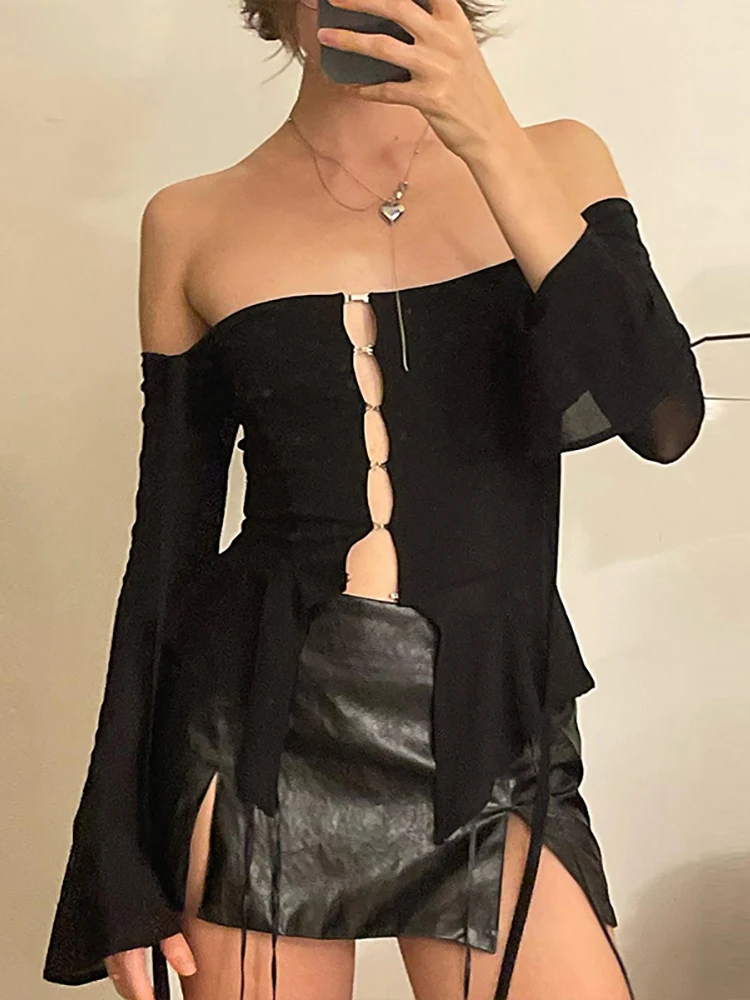

Goth Dark Gothic Punk Off Shoulder Long Sleeve T-shirts Cyber Y2k Hollow Out Women Sexy Crop Tops Bandage Ruffles Hem Blouses