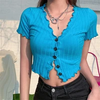 sweet sexy summer women knitted button cardigan t shirt short sleeve solid color slim fit crop top summer female clothes