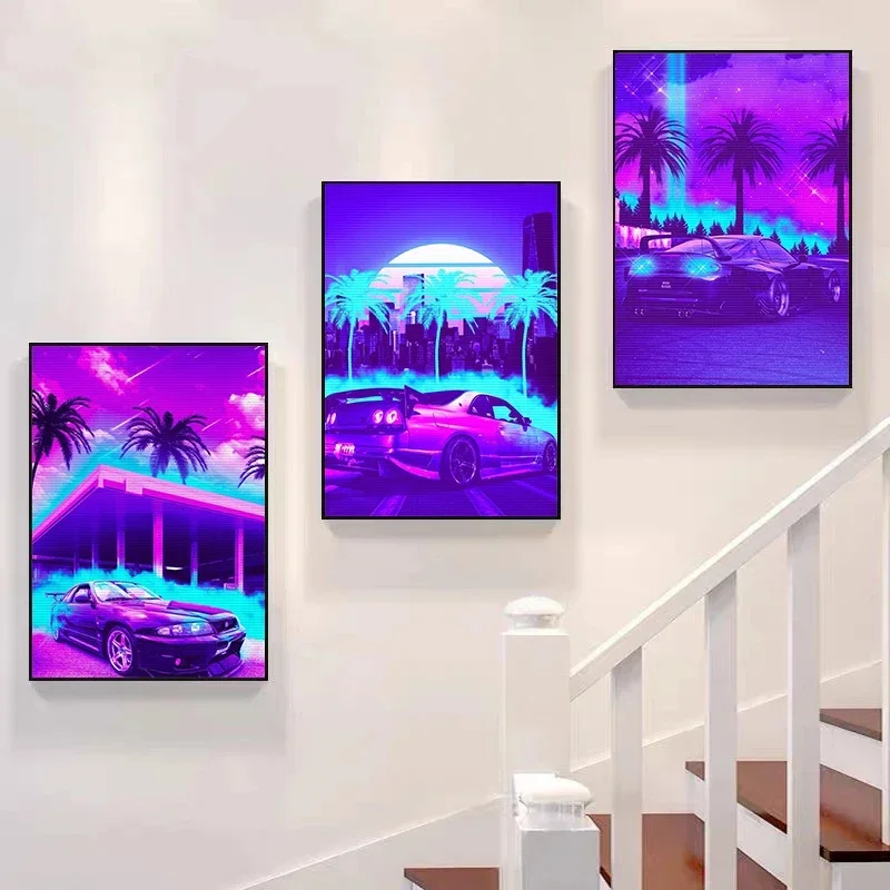 Неоновый Автомобильный Постер 80-х Годов AE86 GTR Night Moon Спортивный Автомобиль Холст С