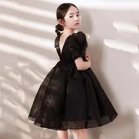 Teen Girls Black Party Dresses Elegant Backless Puff Sleeve Kids Costumes Korean Girl Summer Dress 8 10 12 13 14 years