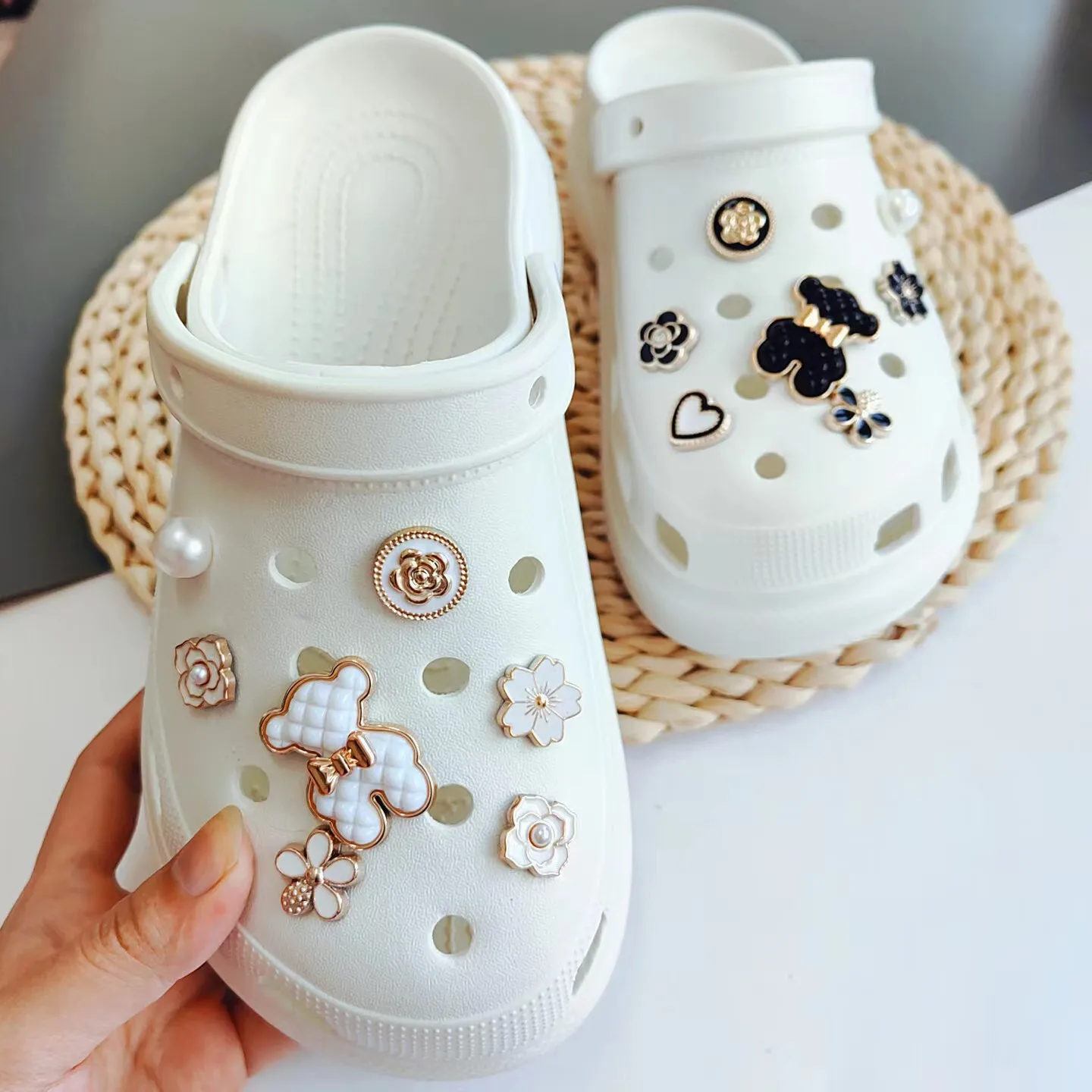 Cute Black White Bear Silver Crocs Charms Fit Jibbitz Shoes Crocs Accessories Set for Girls Boys Kids Women Decoration Cool