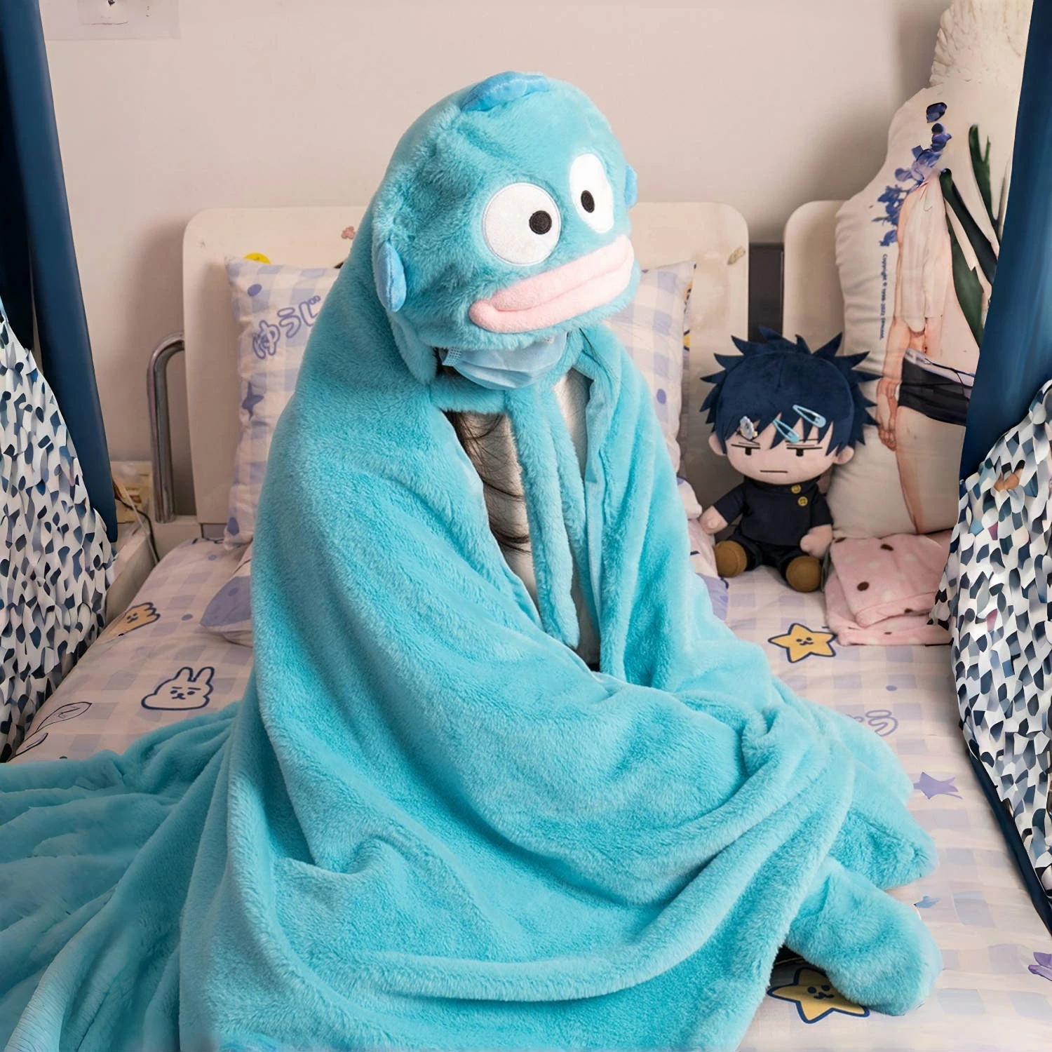 Sanrio Красивая плащ с капюшоном Hangyodon кавайное утолщенное теплое фланелевое одеяло