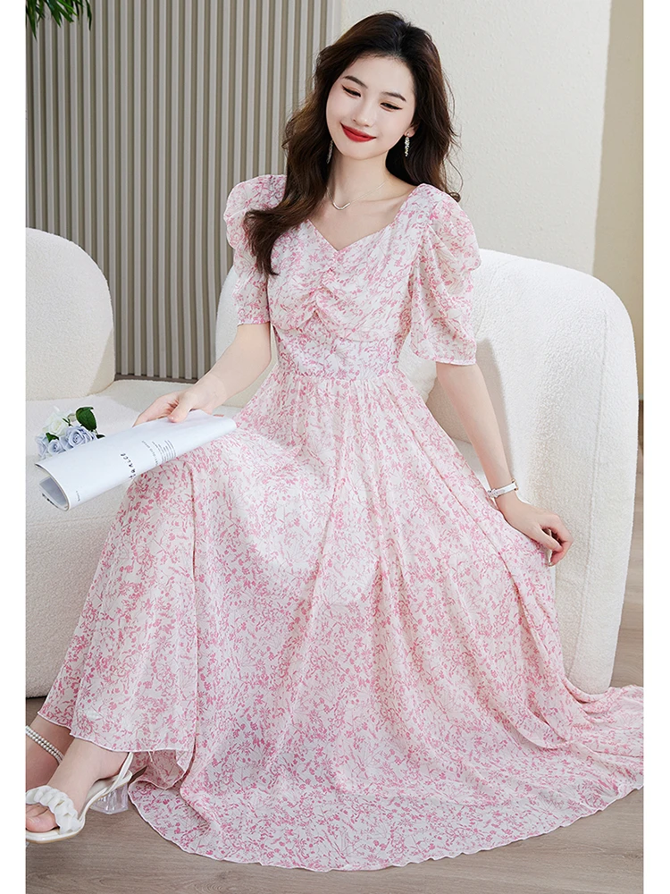 Женское шифоновое платье с коротким рукавом и V-образным вырезом