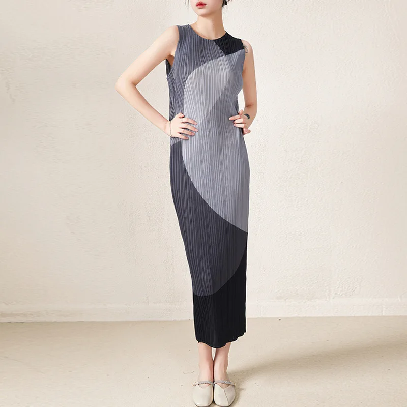 Summer Dress Women Clothing 2022 Miyake Pleated Fashion New Stretchable Slimming Round Neck Sleeveless Printed Tank Dress