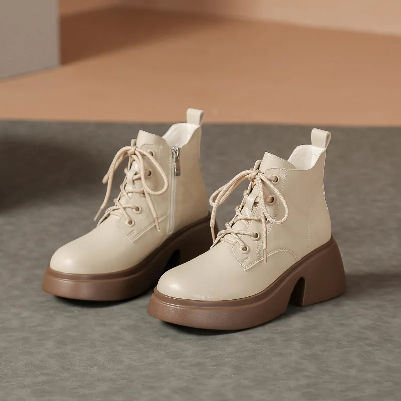 

2023 Autumn and Winter Boots Women's Round Head Side Zipper Women's Boots Soft Leather Front Lace Up Short Boots