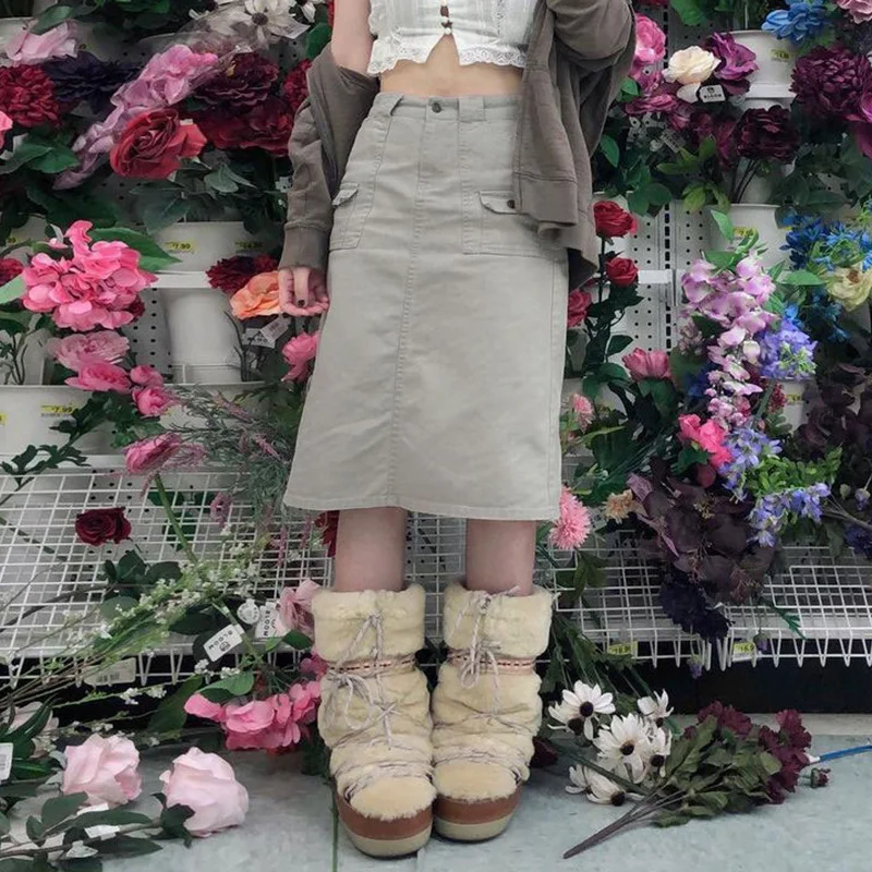 

y2k Khaki Midi Skirts Grunge Cute Vintage Harajuku Long Skirts Pockets Button Korean Techwear Women Cloth Prepply 90s