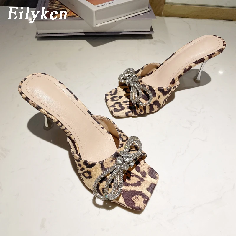 

Eilyken Leopard Print Rhinestone Butterfly-knot PVC Transparent Women Slippers High Heels Strippers Party Summer Shoes