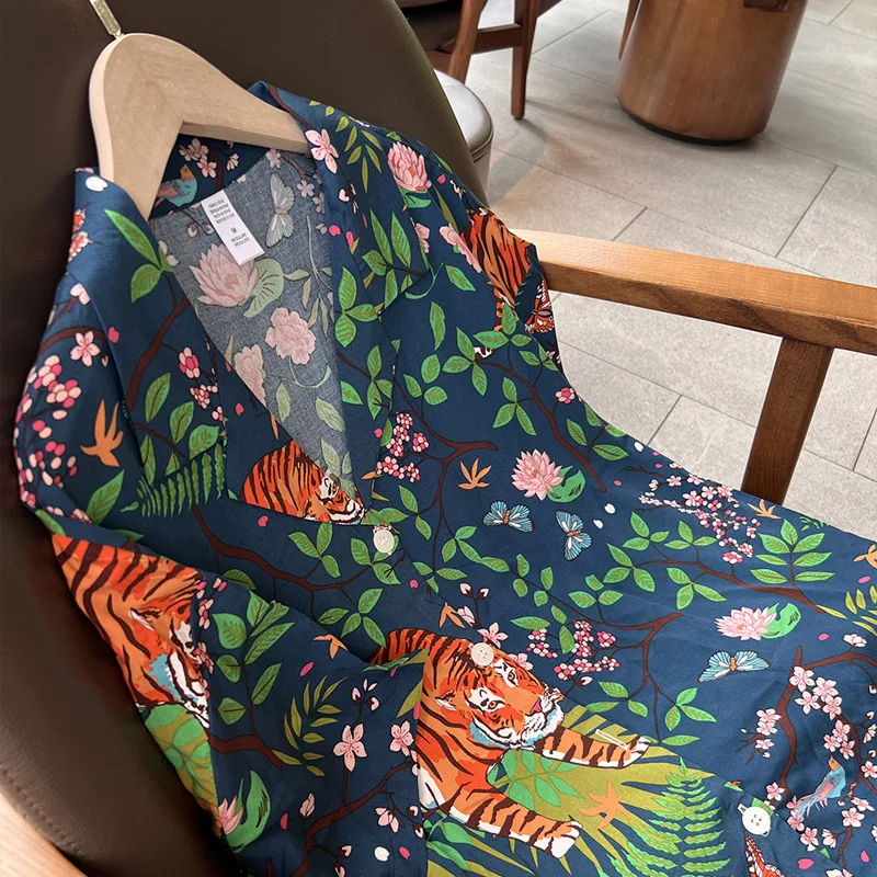 Jungle Blue Tiger Pajamas Summer Cotton Silk Thin Pajama Large Size Sleepwear Senior Sense Women's Short-sleeved Home Wear