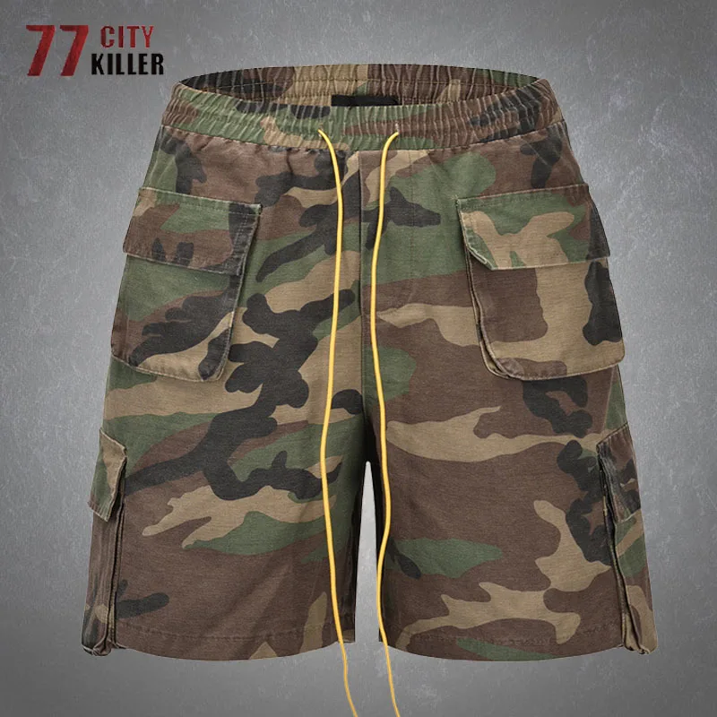 

Camouflage Tactical Cargo Shorts Mens Vintage Multiple Pockets Elastic Waist Military Pants Streetwear Casual Loose Shorts Male